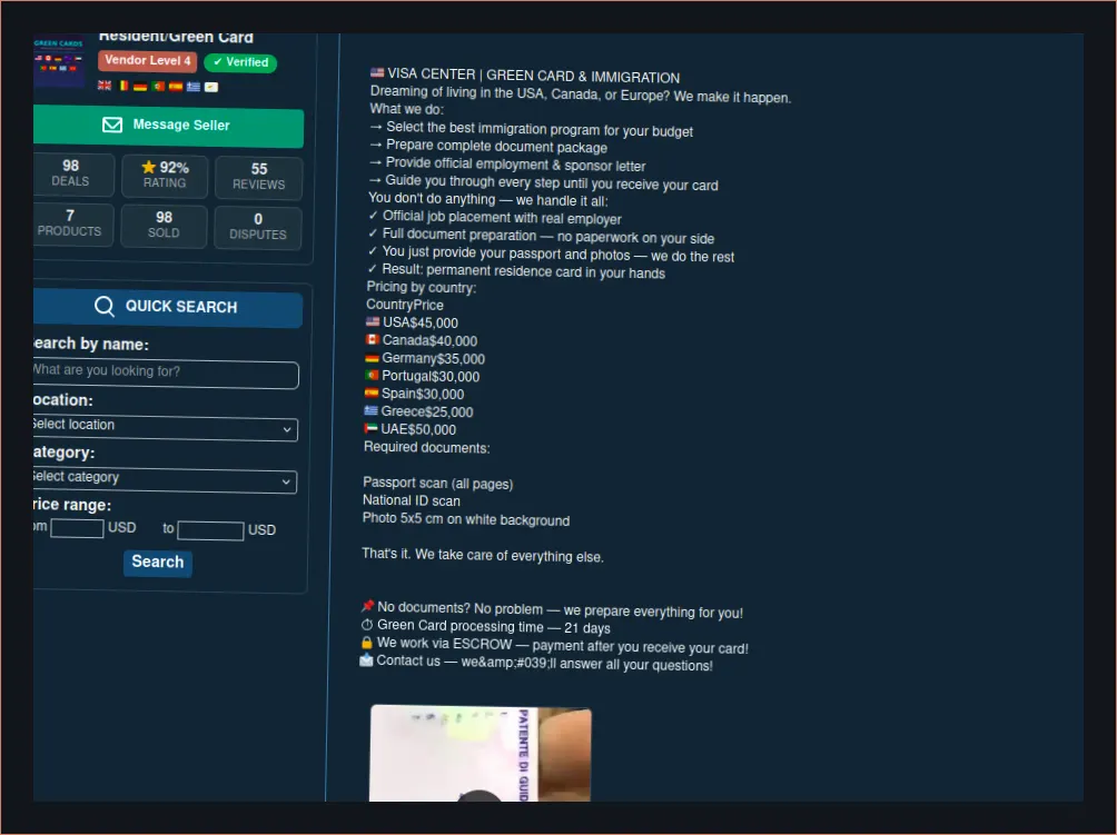 Green card listing priced at $45,000