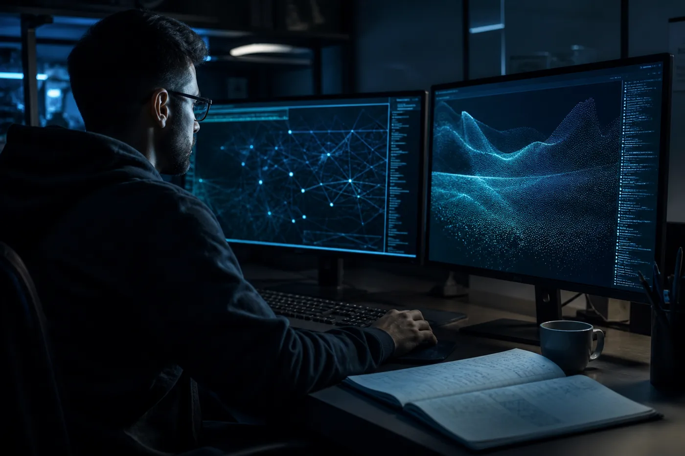 A person studying dark web addresses on dual monitors in a dimly lit room, reflecting the article's focus on navigation.