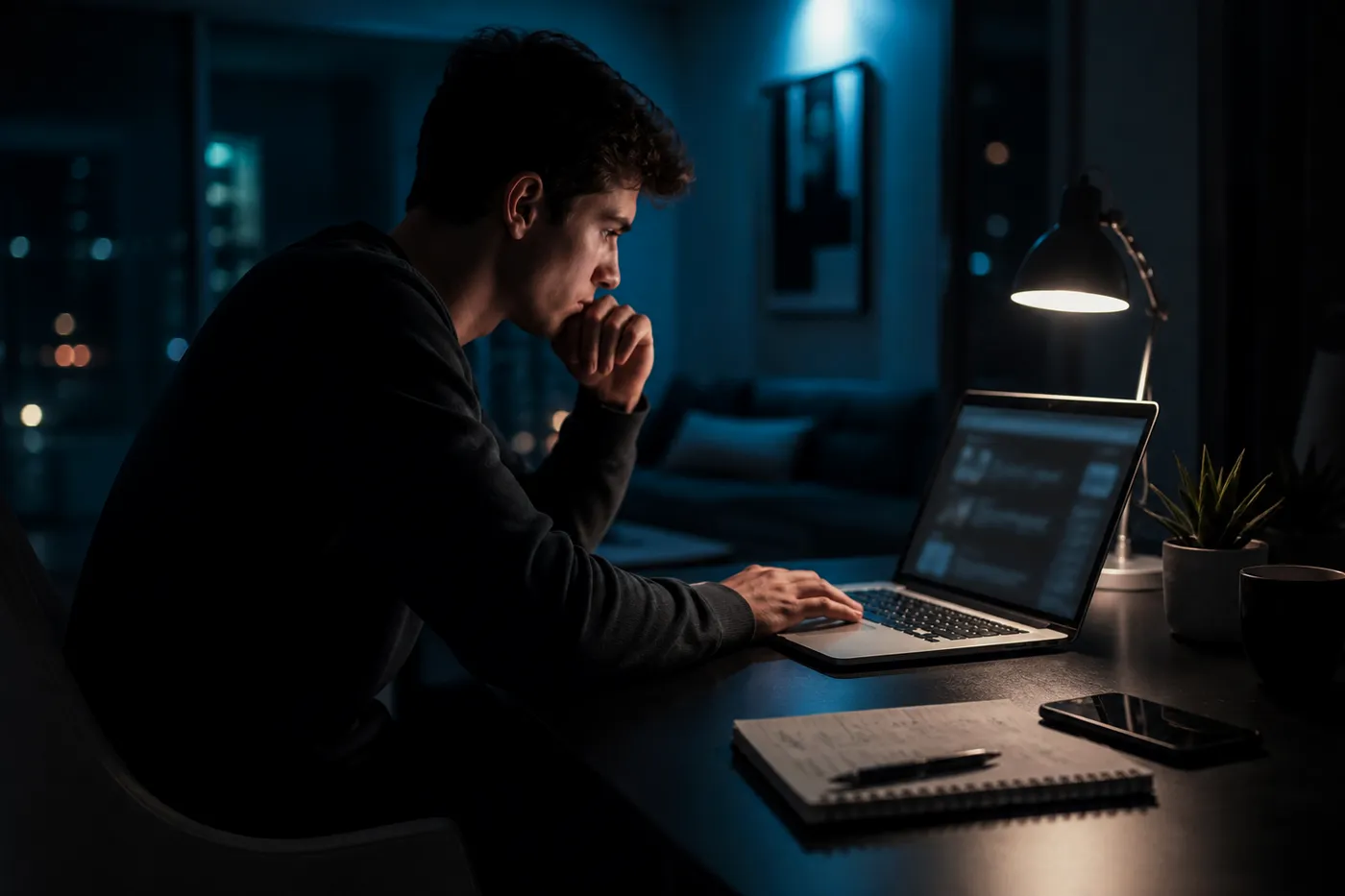 A person examining a dark web combo list on a laptop in a modern apartment, highlighting the importance of online security.
