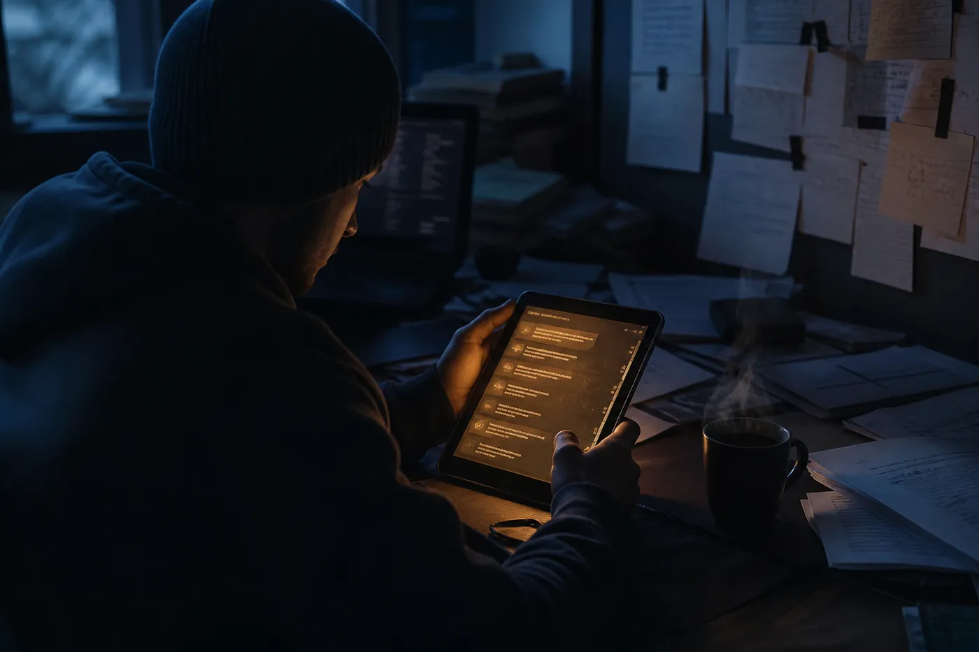 A person exploring a dark web directory on a tablet, surrounded by notes and coffee, highlighting research.
