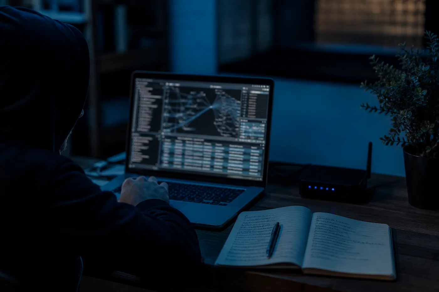A user studying Tor network traffic analysis on a laptop in a dimly lit room, highlighting dark web IP addresses.