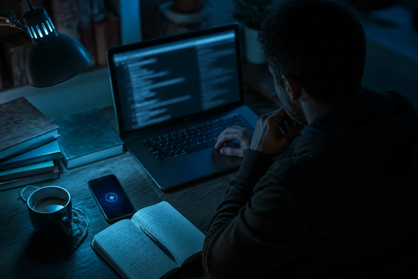 A researcher examining curated dark web links from GitHub while using a laptop and smartphone in a cozy workspace.