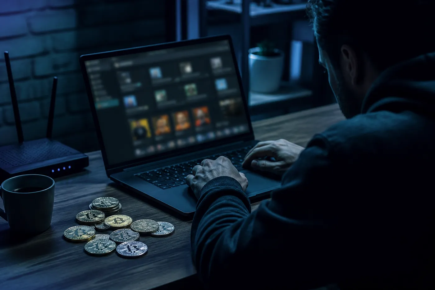A user deep in analysis of a dark web marketplace on a laptop, surrounded by cryptocurrency coins and a VPN router.