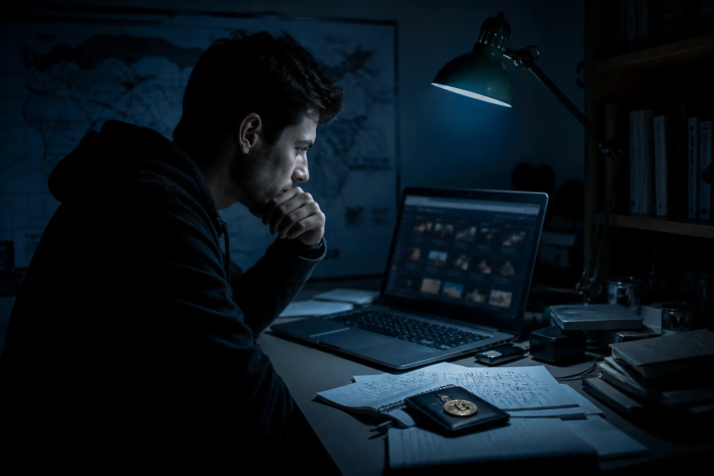 A researcher examines Silk Road's history on a laptop, surrounded by notes and Bitcoin references.