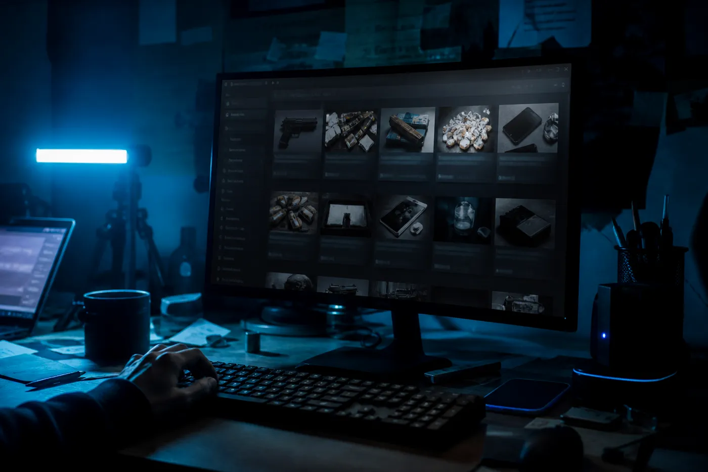 A dimly lit room with a computer showing dark web marketplaces, illustrating the exploration of hidden online markets.