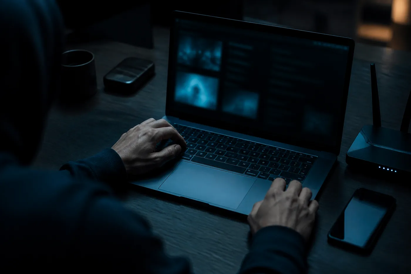 A user exploring dark web resources on a laptop in a dimly lit room, highlighting the tech-savvy atmosphere.