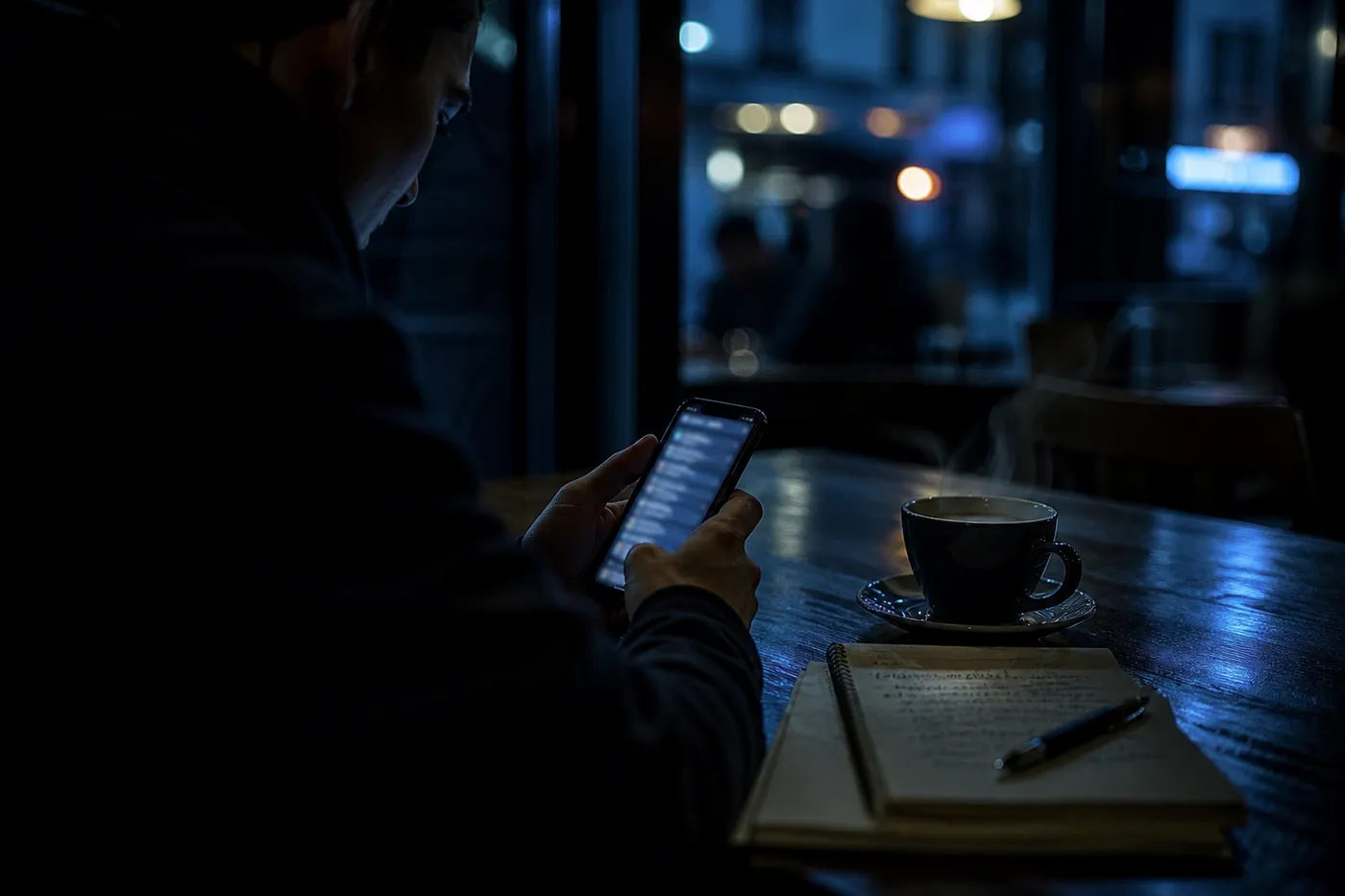 A person exploring dark web phone numbers on a smartphone in a dimly lit café.