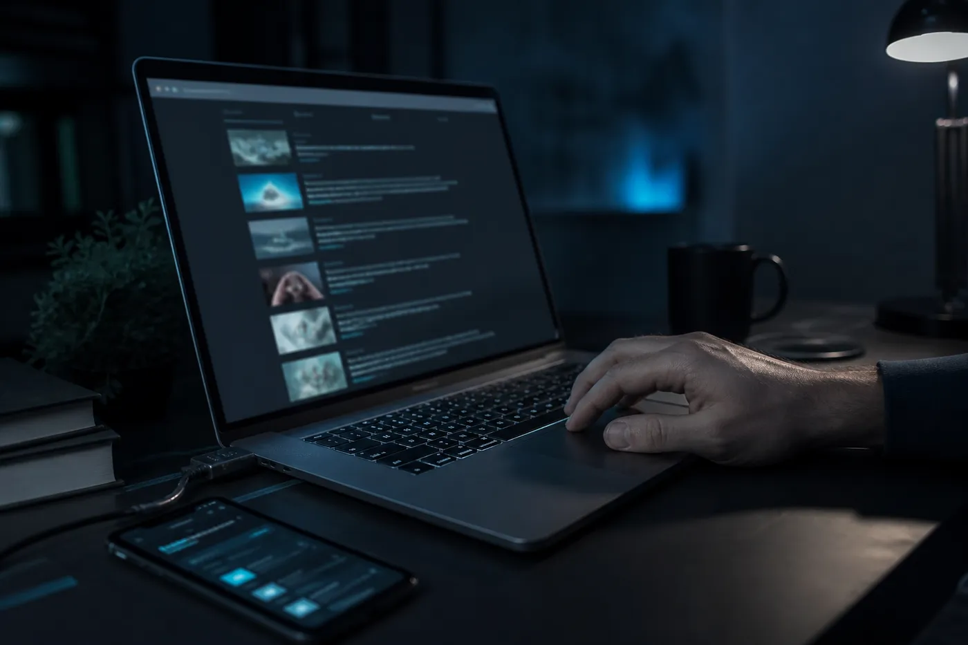 A person reviewing dark web store links on a laptop in a dimly lit workspace, highlighting safe transaction practices.