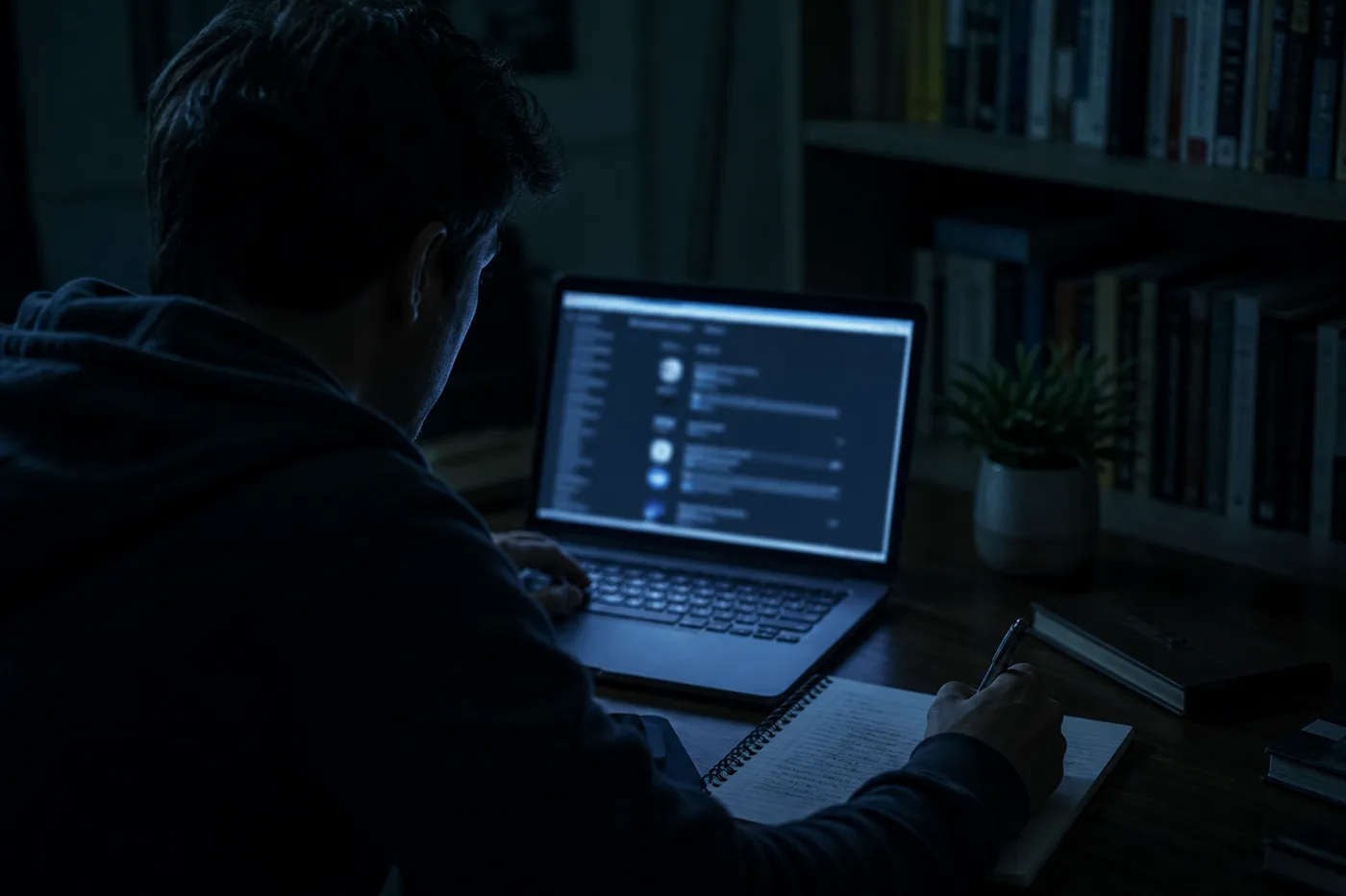 A researcher engaged in exploring deep web content on a laptop in a cozy study