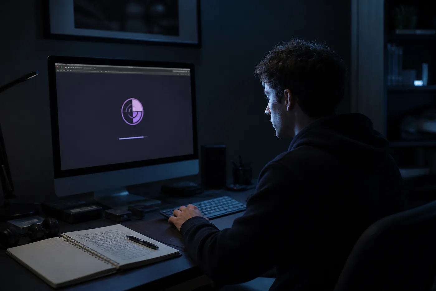 A user navigating the Tor Browser on a desktop, exploring dark web search engines safely.