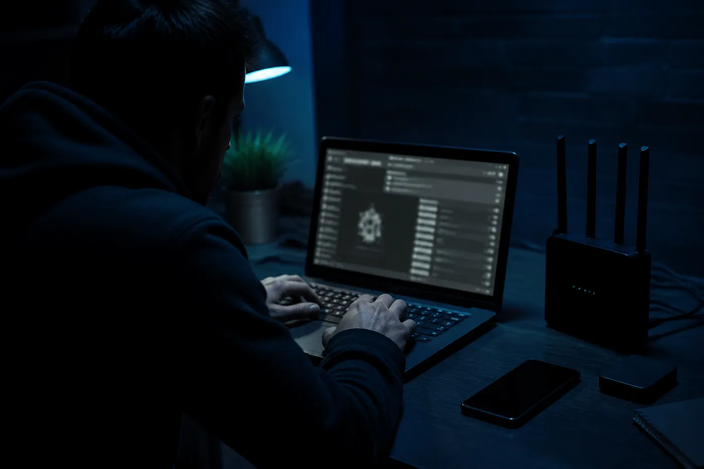 A user engaged with a dark web hacking forum on a laptop, surrounded by tech gadgets in a low-light setting.