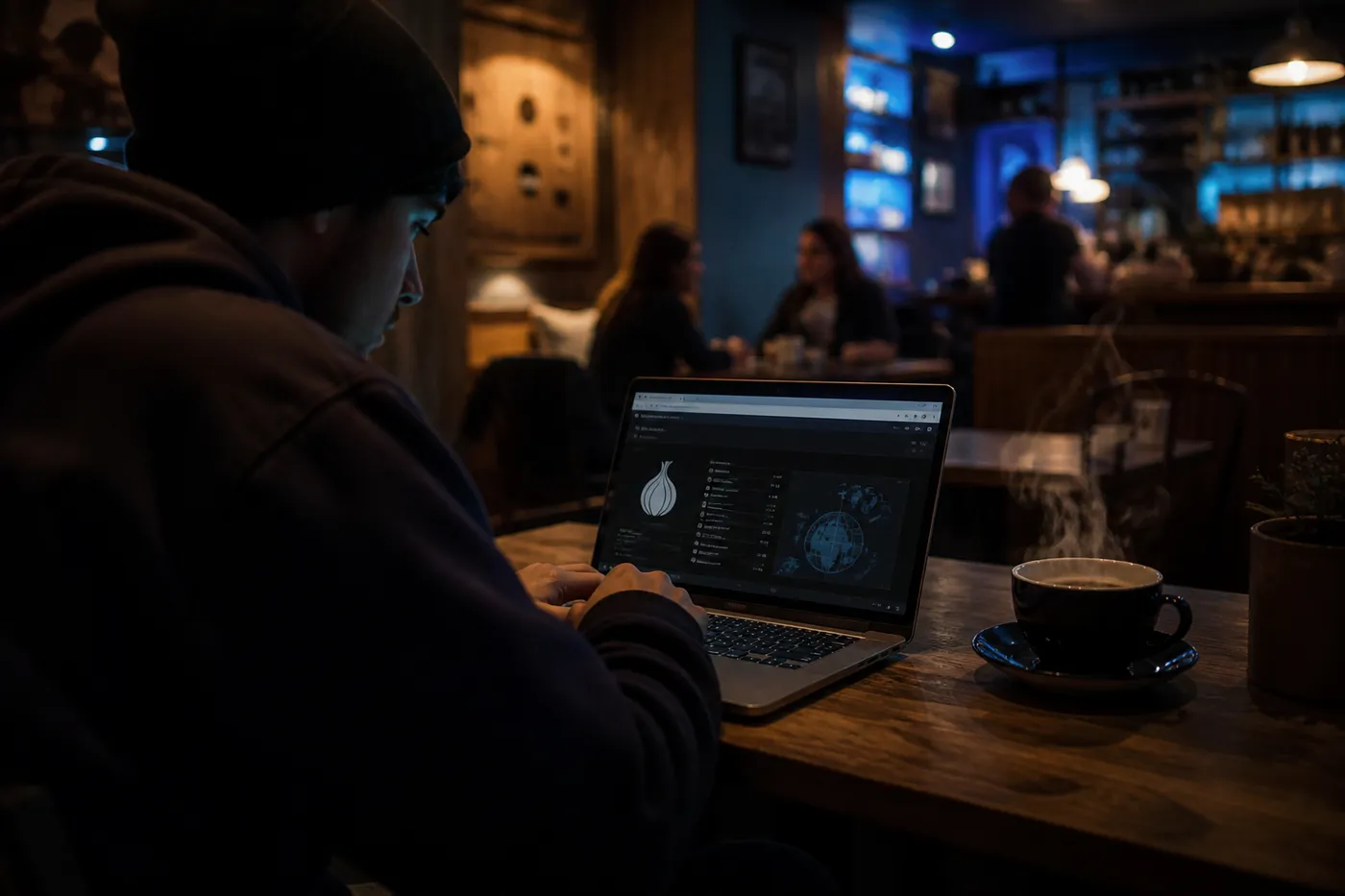 A user in a cozy café exploring Alfa onion links on a laptop, showcasing the dark web browsing experience.