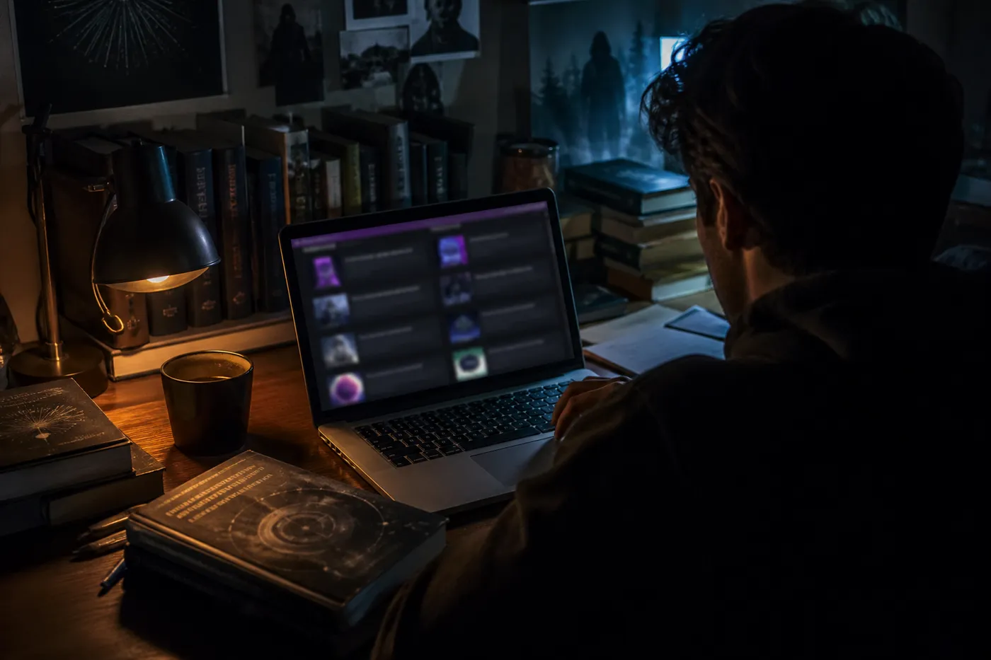 A person examining curated Tor topic links on a laptop in a cozy room, highlighting dark web exploration.