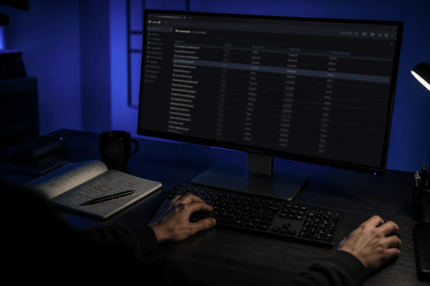 A researcher studying dark web marketplaces on a computer, highlighting the exploration of hidden websites.