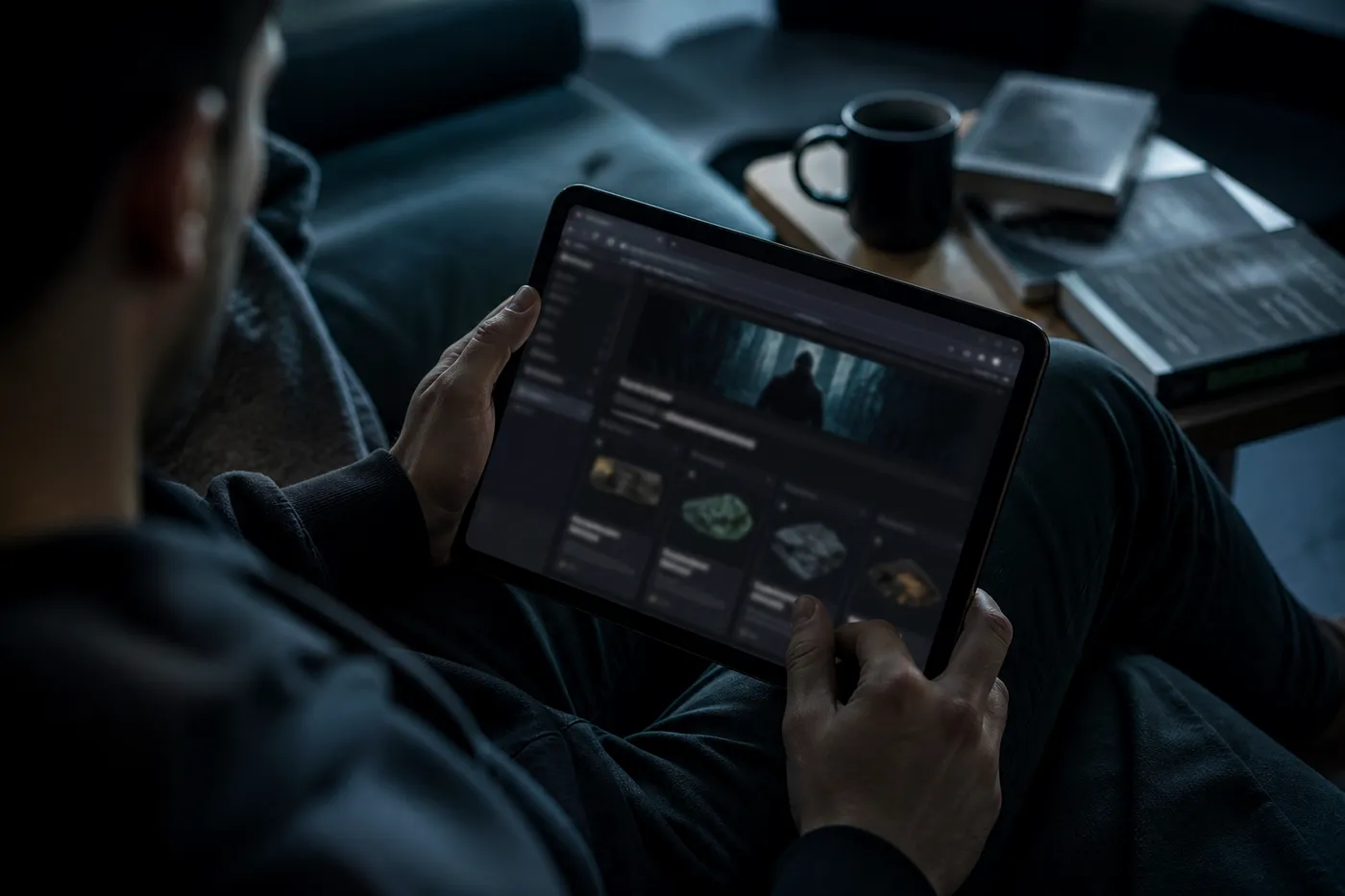 A user exploring Tor market links on a tablet in a cozy room, illustrating dark web shopping access.