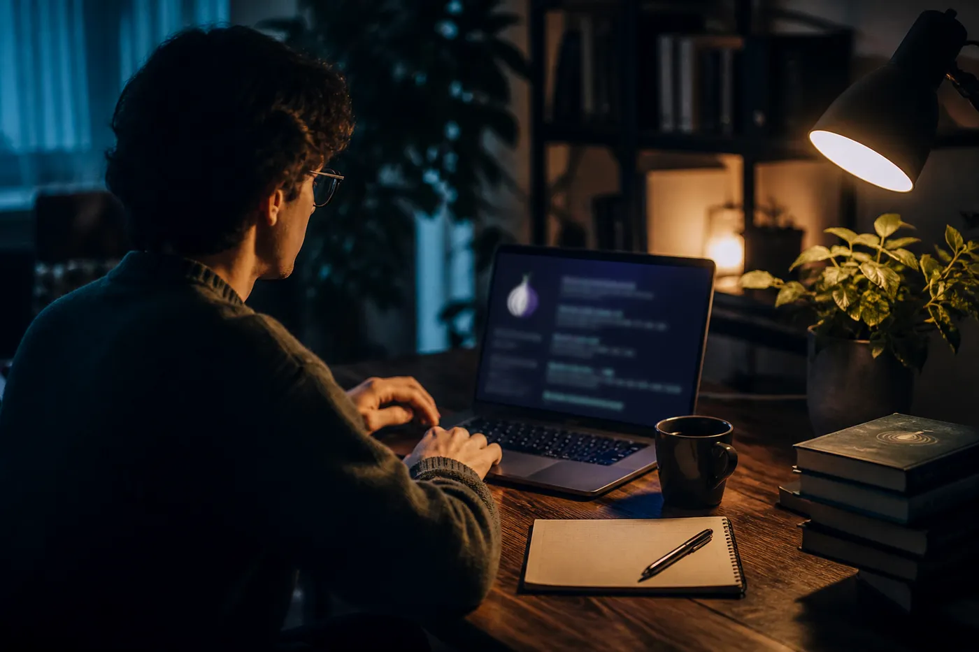 A researcher in a home office explores Tor sites on a laptop, emphasizing the article's focus on accessing the dark web safely.