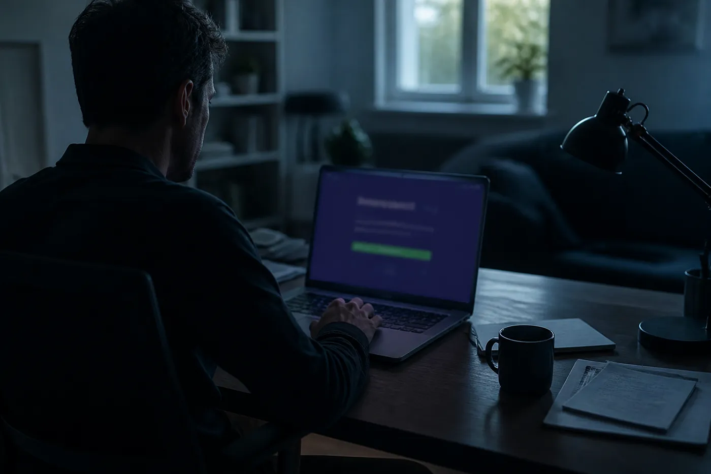 User in a modern home office downloading Tor Browser, reflecting the article's focus on anonymity and secure browsing.