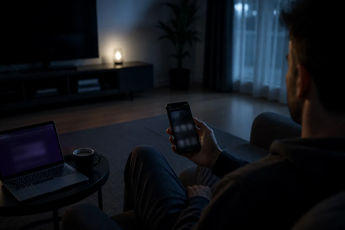 A user exploring Xplay onion links on a smartphone in a cozy, dimly lit room.