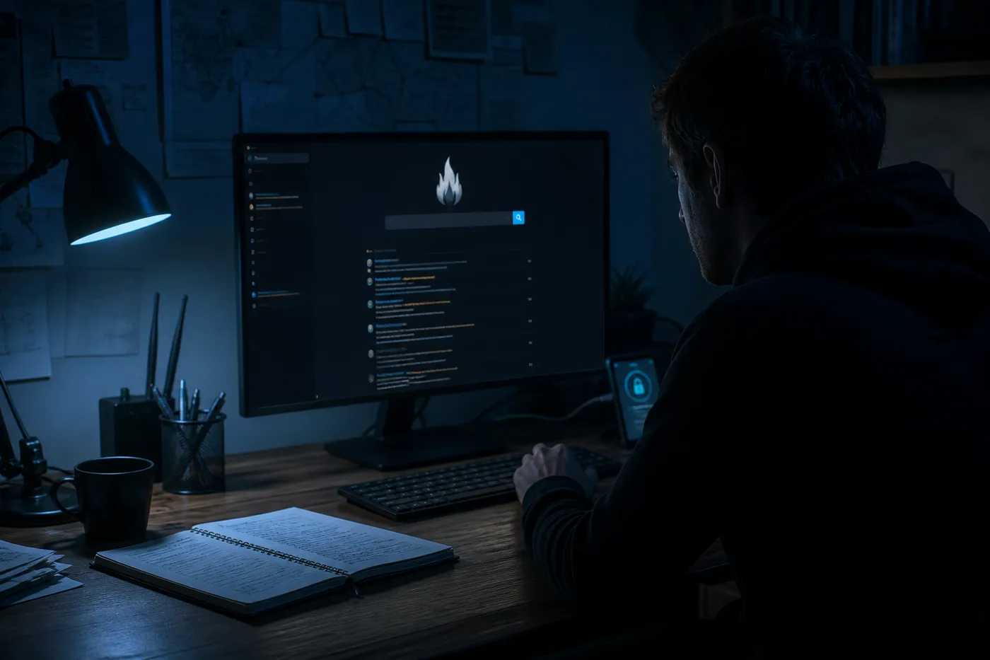 A user exploring the Torch search engine on a desktop in a dimly lit room, highlighting dark web navigation.