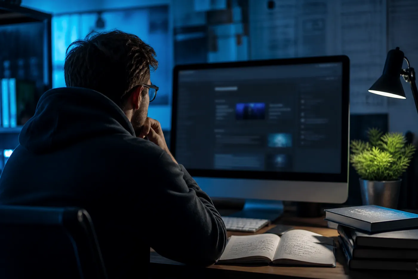 A researcher examining dark web search engines, emphasizing safe exploration of .onion sites.