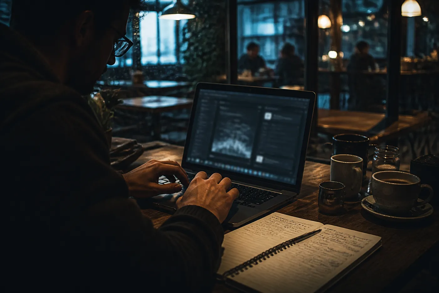 A researcher in a cafe using a laptop to explore TheHiddenWiki.org, representing dark web navigation.