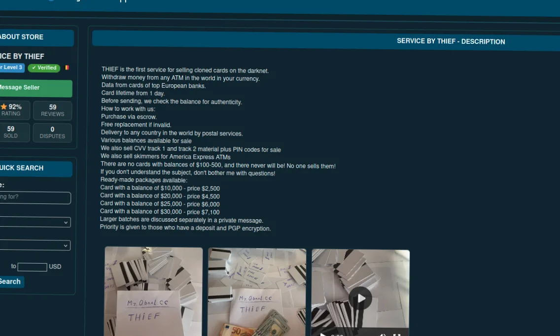 Darknet marketplace interface showing cloned card service offer