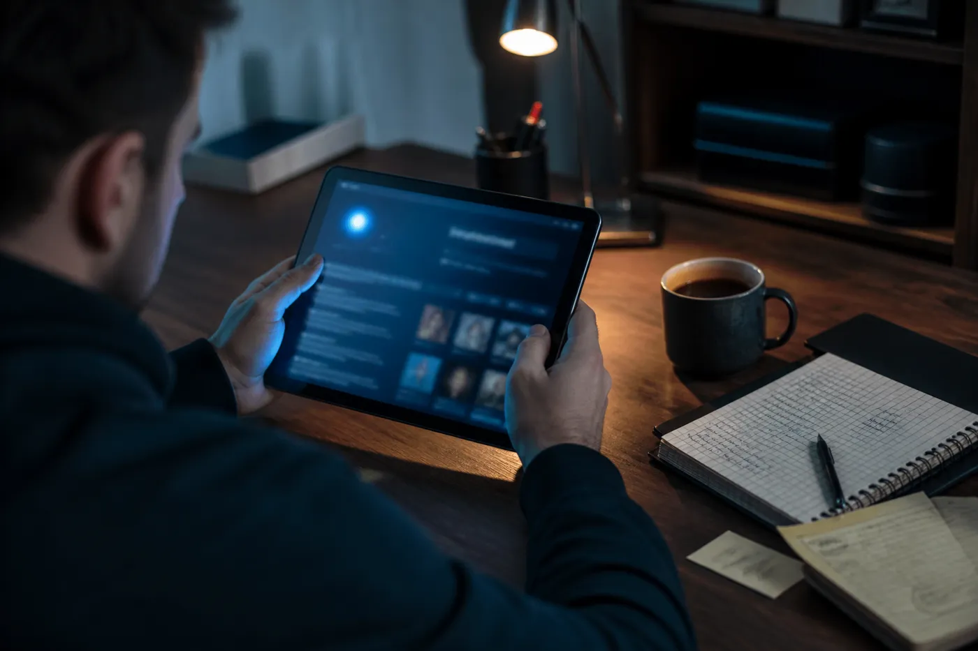 A user engages with a dark web directory on a tablet in a cozy setting, emphasizing the exploration of onion addresses.