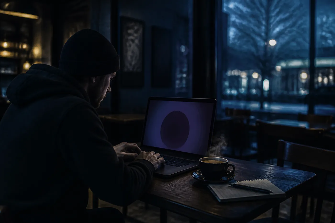 A user navigating the Tor Browser in a cozy café setting, illustrating safe access to the dark web.