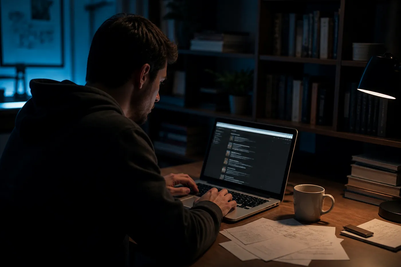 A user engaging with curated Tor website links on a laptop in a cozy, low-light setting.