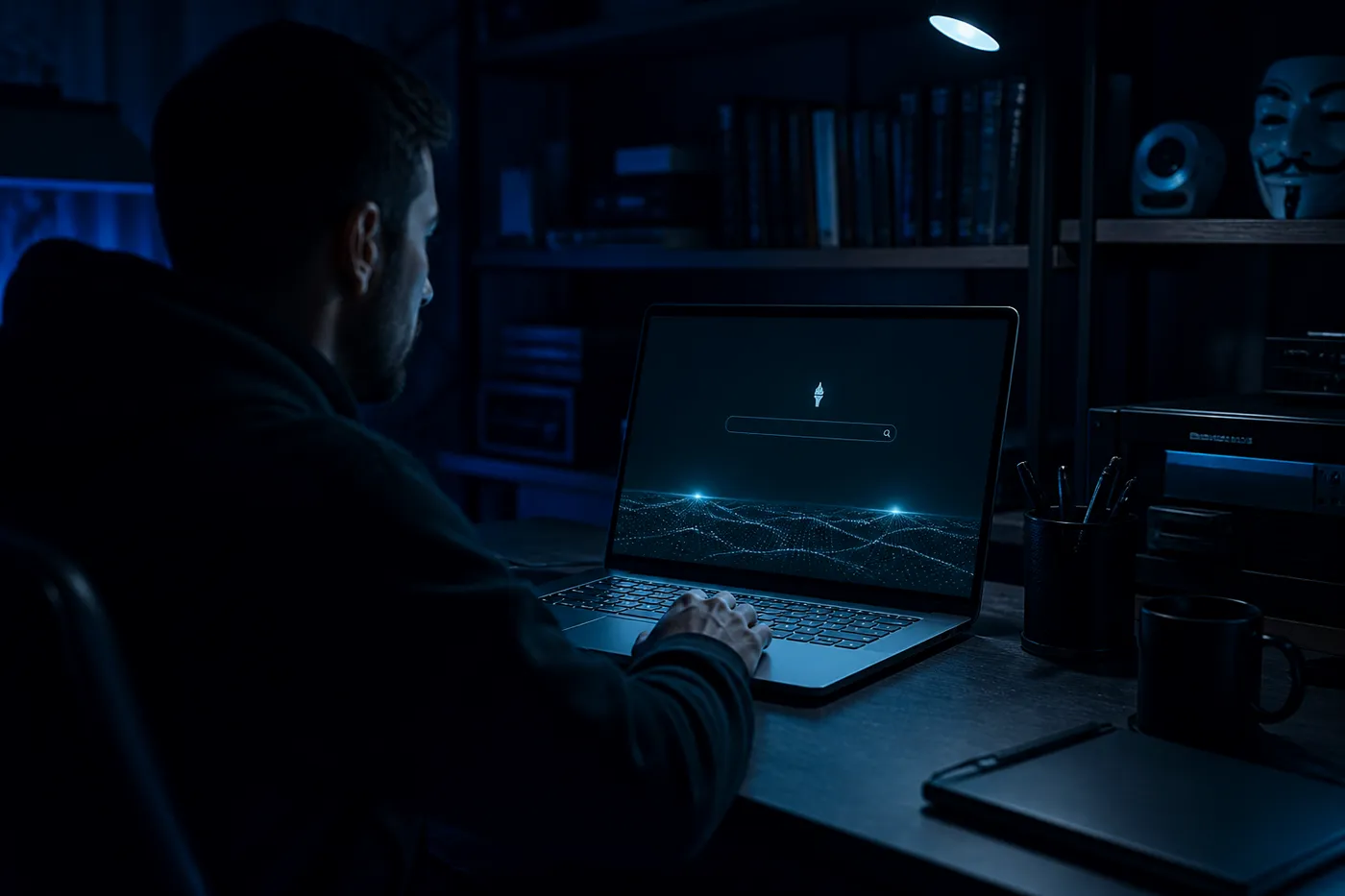 A person using a laptop to explore the Torch search engine in a modern workspace