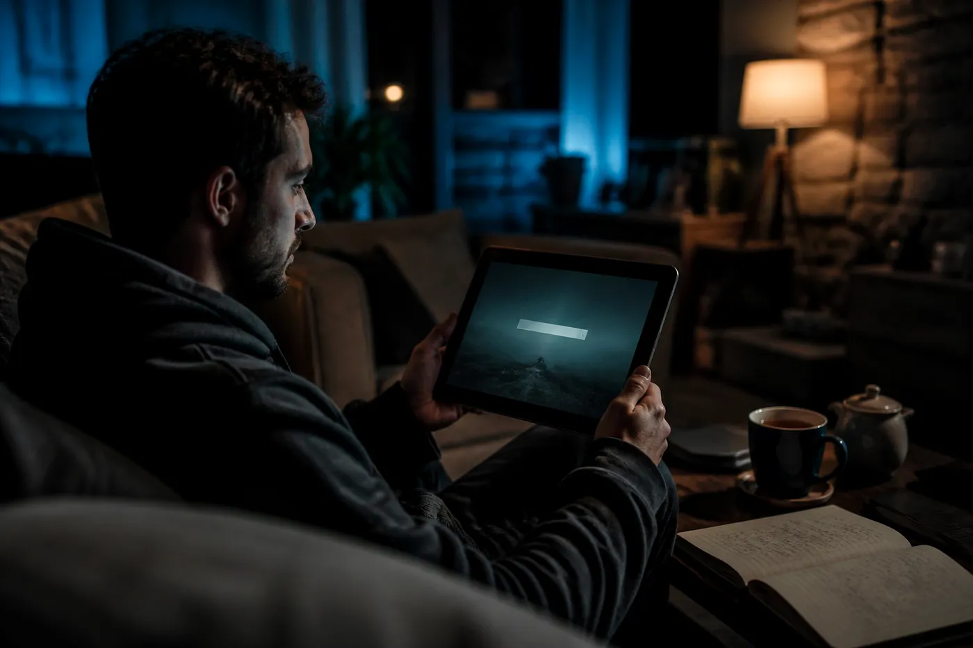 A user safely exploring Not Evil dark web search engine on a tablet in a cozy living room
