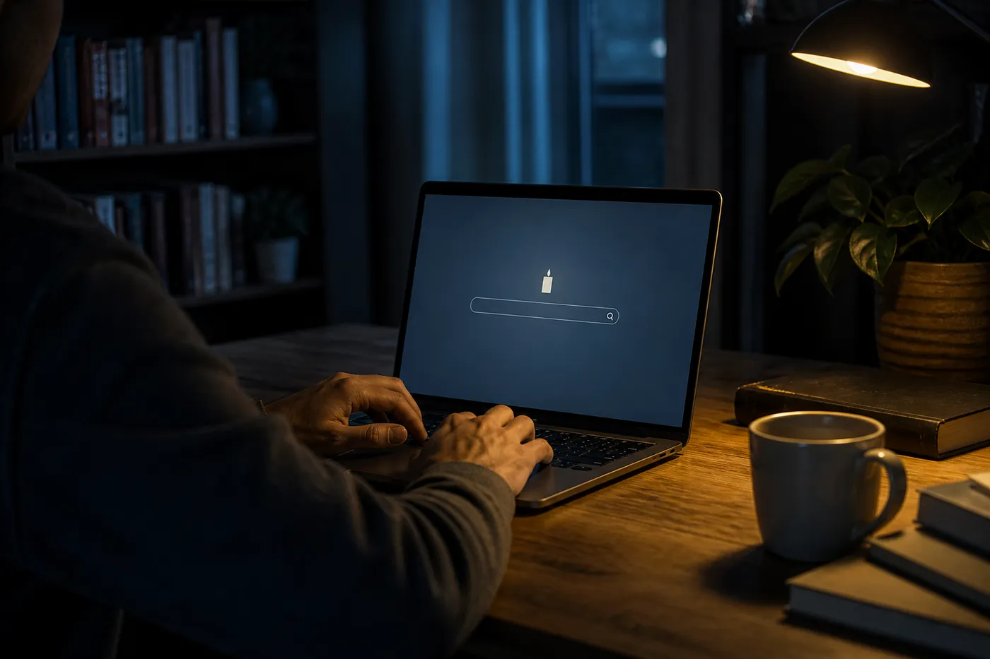 A user exploring the Candle search engine in a cozy, dimly lit room, highlighting the focus on dark web browsing.