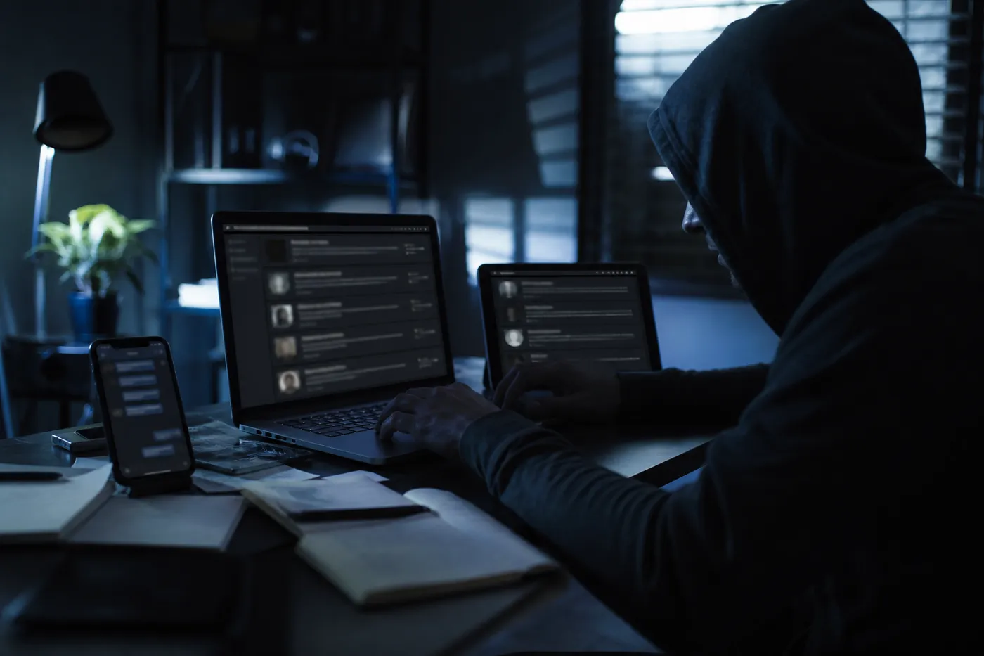 A user researching dark web vendors on multiple devices in a dimly lit room.