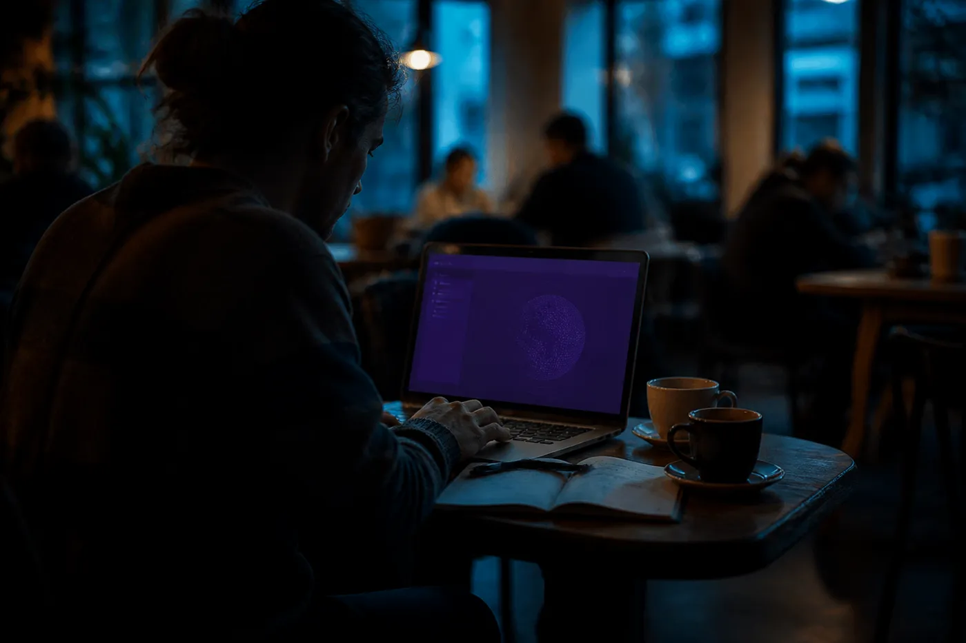 A person working on a laptop in a dim cafe, exploring dark web search safely.